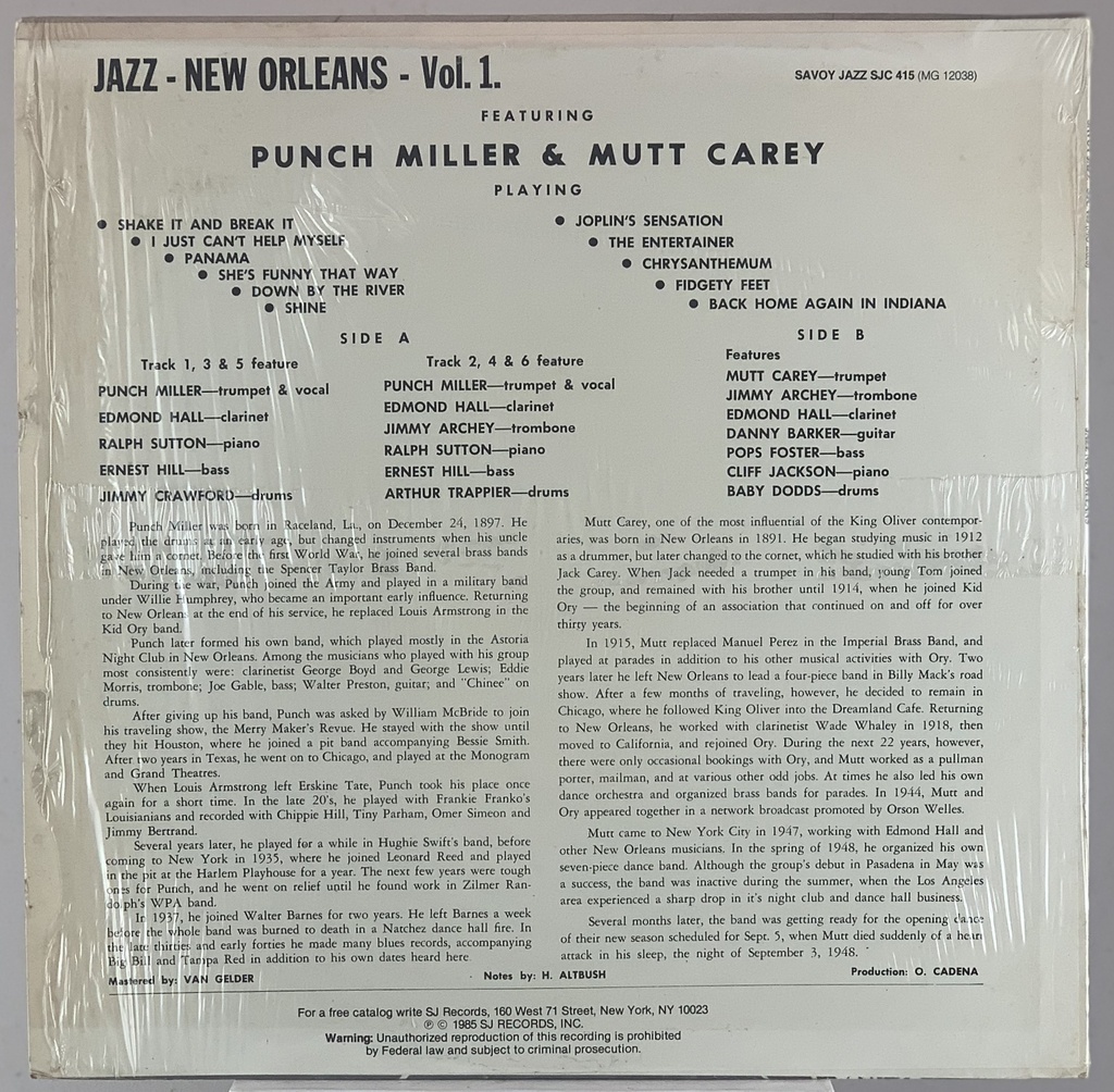 Punch Miller / Mutt Carey – Jazz New Orleans Volume 1 (LP usado)