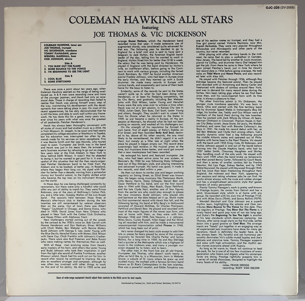 Coleman Hawkins all Stars featuring Joe Thomas & Vic Dickenson  (LP usado)