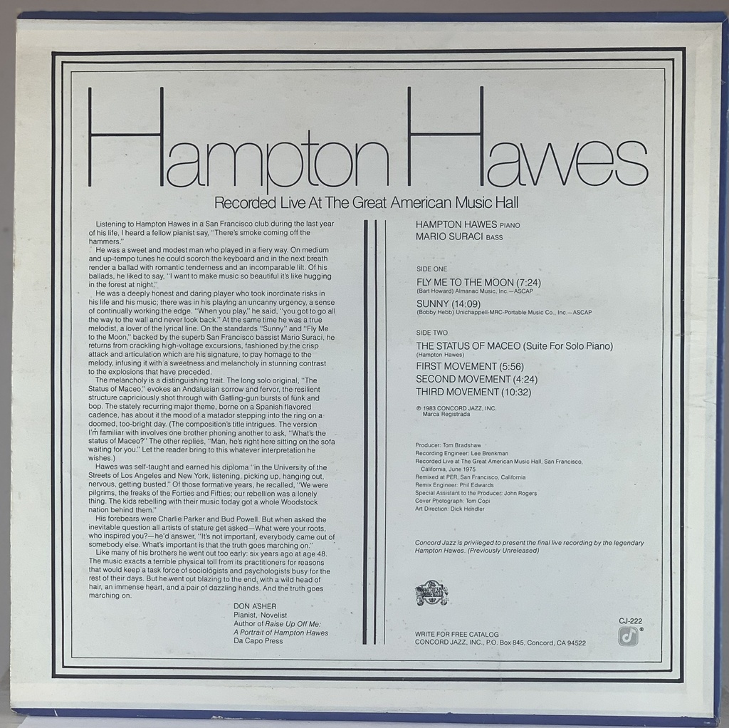Hampton Hawes – Recorded Live At The Great American Music Hall (LP usado)