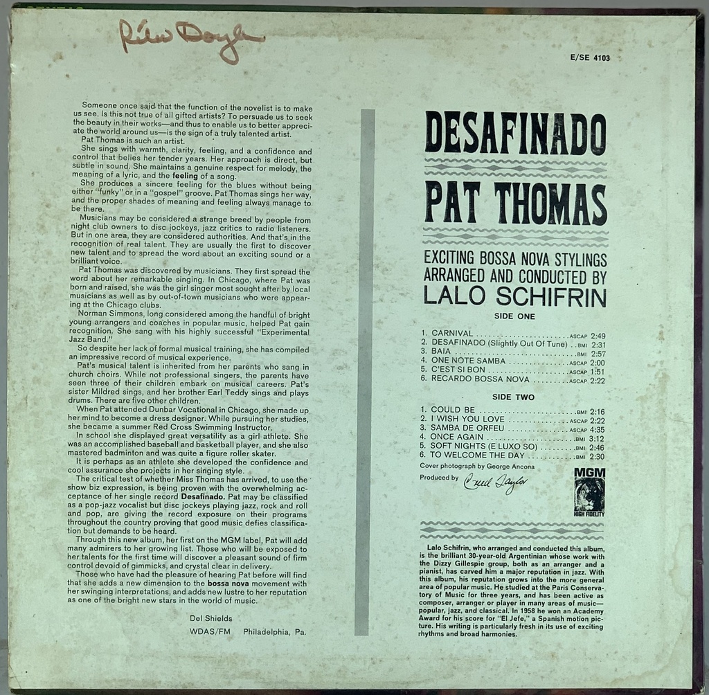 Pat Thomas, Exciting Bossa Nova Stylings Arranged and Conducted by Lalo Schifrin – Desafinado (LP usado)