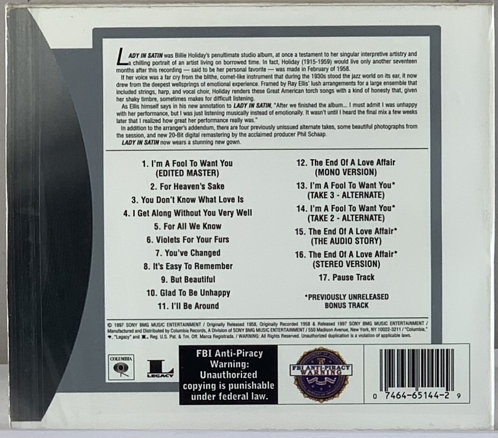 Billie Holiday - Lady In Satin (CD usado)