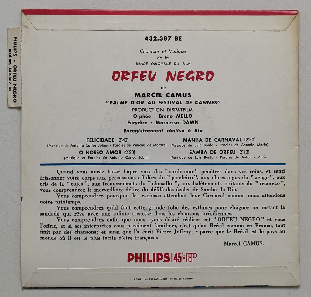 Tom Jobim/Luiz Bonfá - Bande Originale du Film Orfeu Negro (Vinil 7" EP usado)